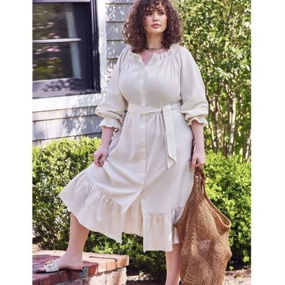 NEW Eloquii Cream Linen Maxi Day‎ Dress, size 14/16 - Picture 1 of 16